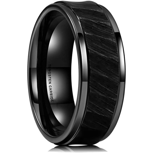 Men's Tungsten Wedding Band (8mm). Black Hammered Finish Tungsten Carbide Ring - Picture 1 of 4
